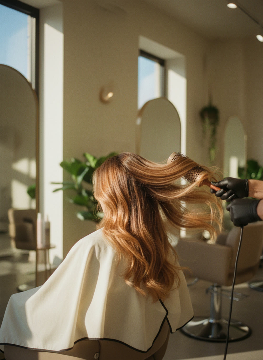 Round-brush blowout with hair in motion