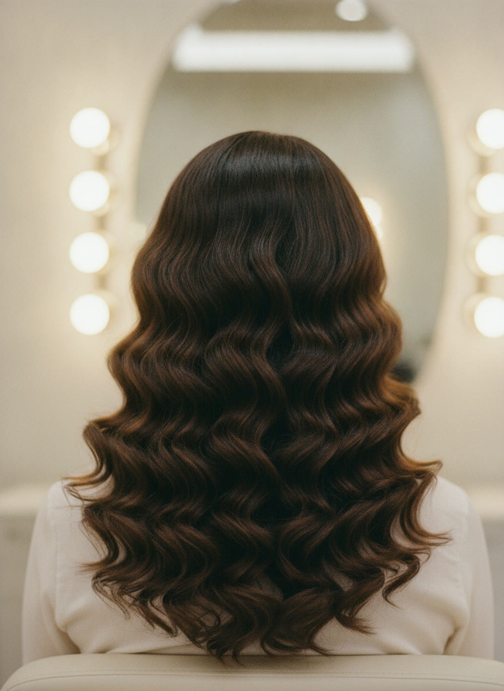 Glossy defined dark curls, freshly styled