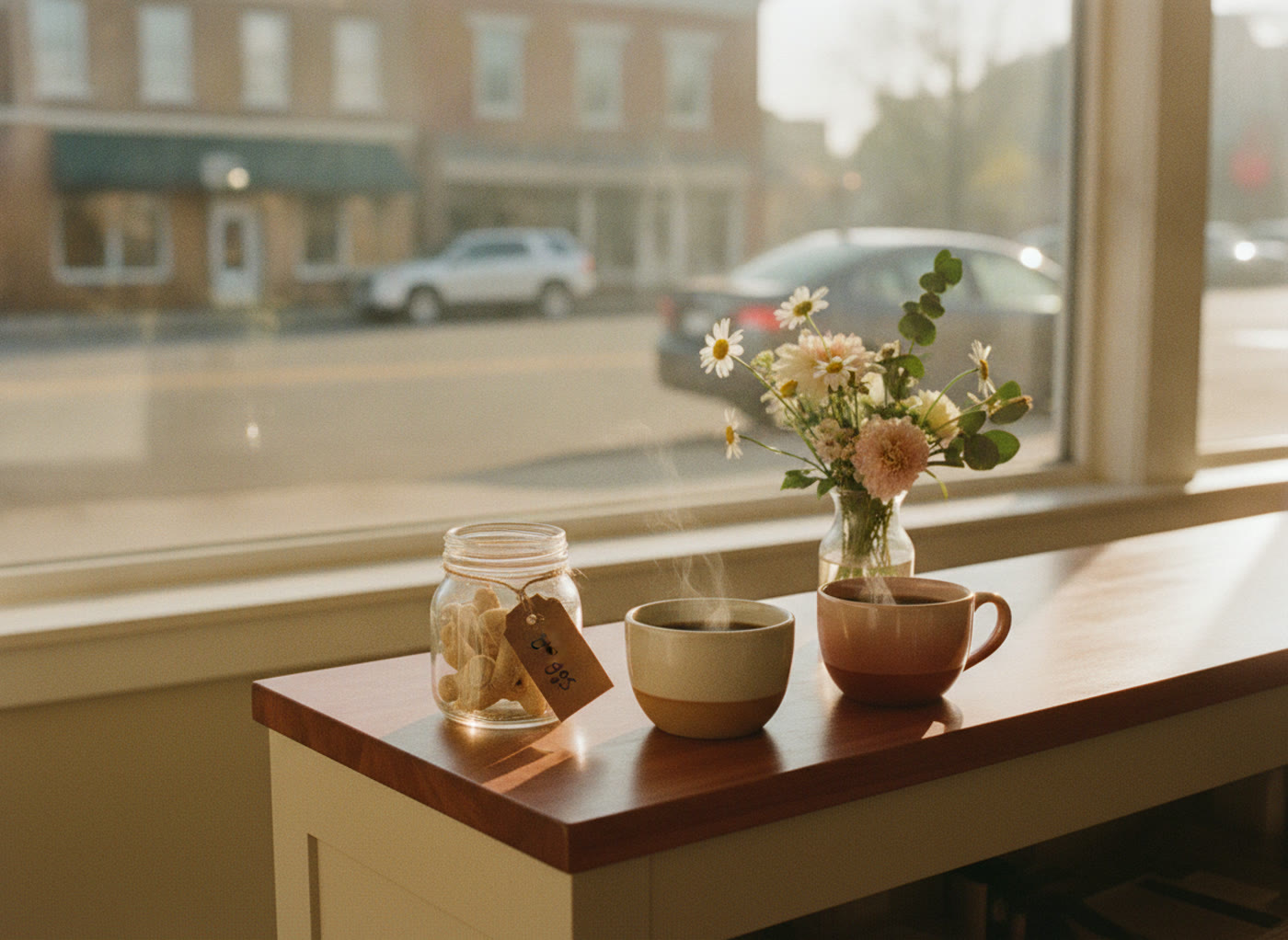 Front desk by the window with a jar of dog biscuits, two cups of coffee and fresh flowers