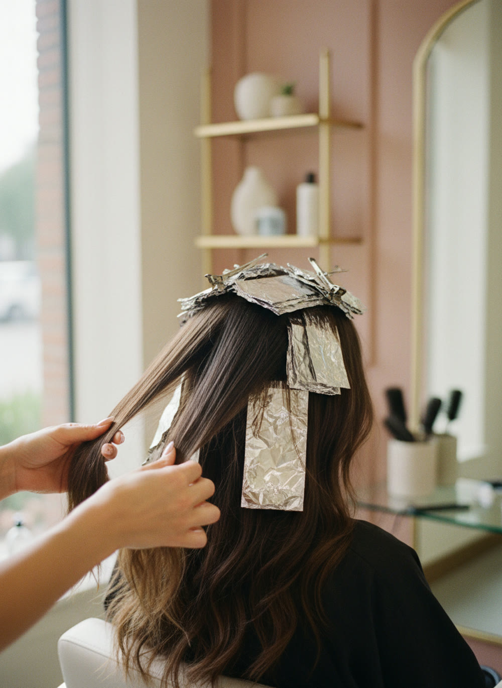 Stylist weaving highlight foils into long brunette hair