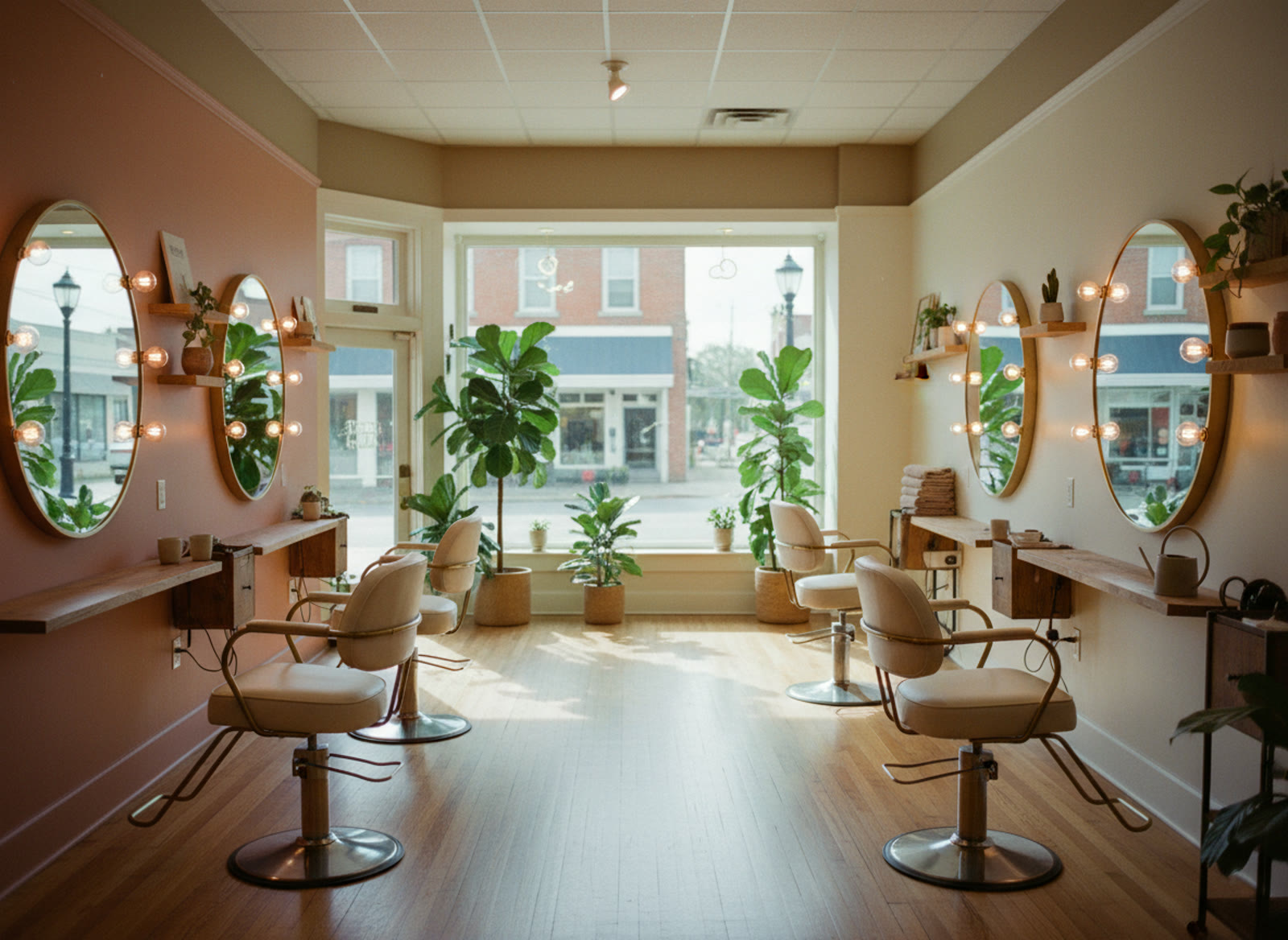 Styling chairs and round lit mirrors inside a warm, plant-filled salon with a view of the street