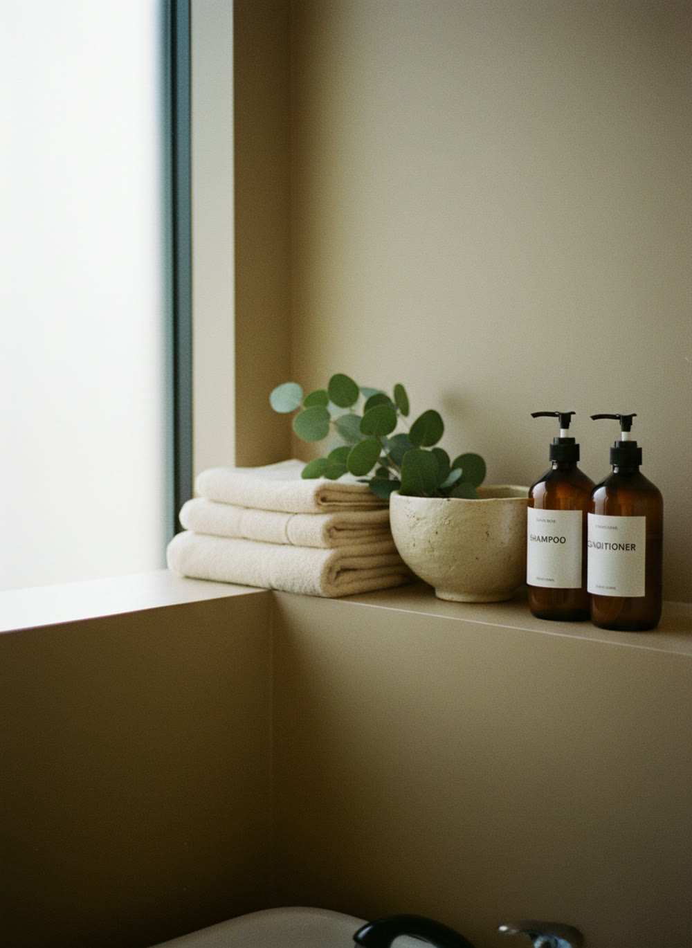 Folded cream towels and amber bottles at the salon wash station